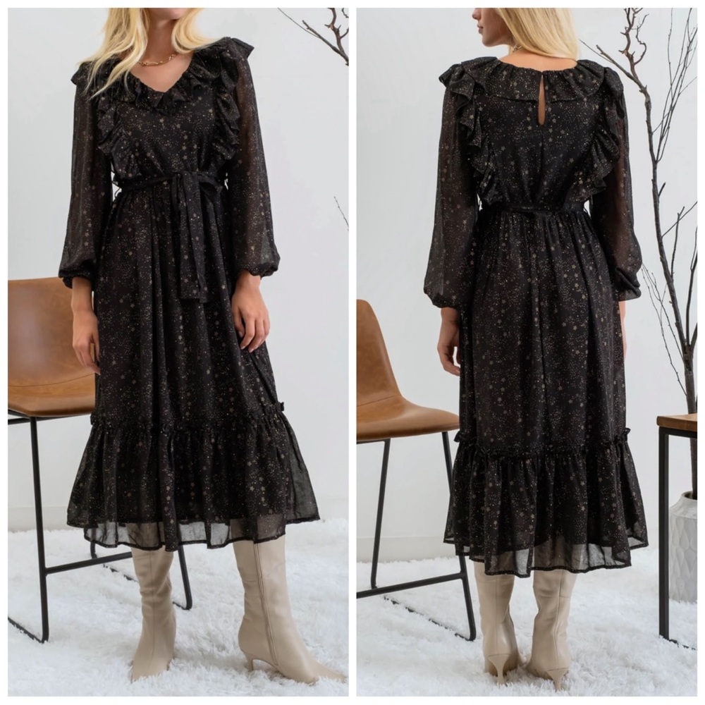 BY THE RIVER Women S Black Gold Star Print Long Sleeve Chiffon Ruffle Midi Dress